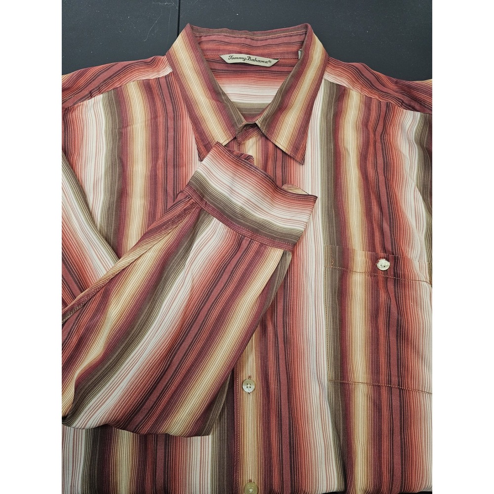 Tommy Bahama Shirt Mens 2XL Red Striped Silk Blend Button Up Long Sleeves